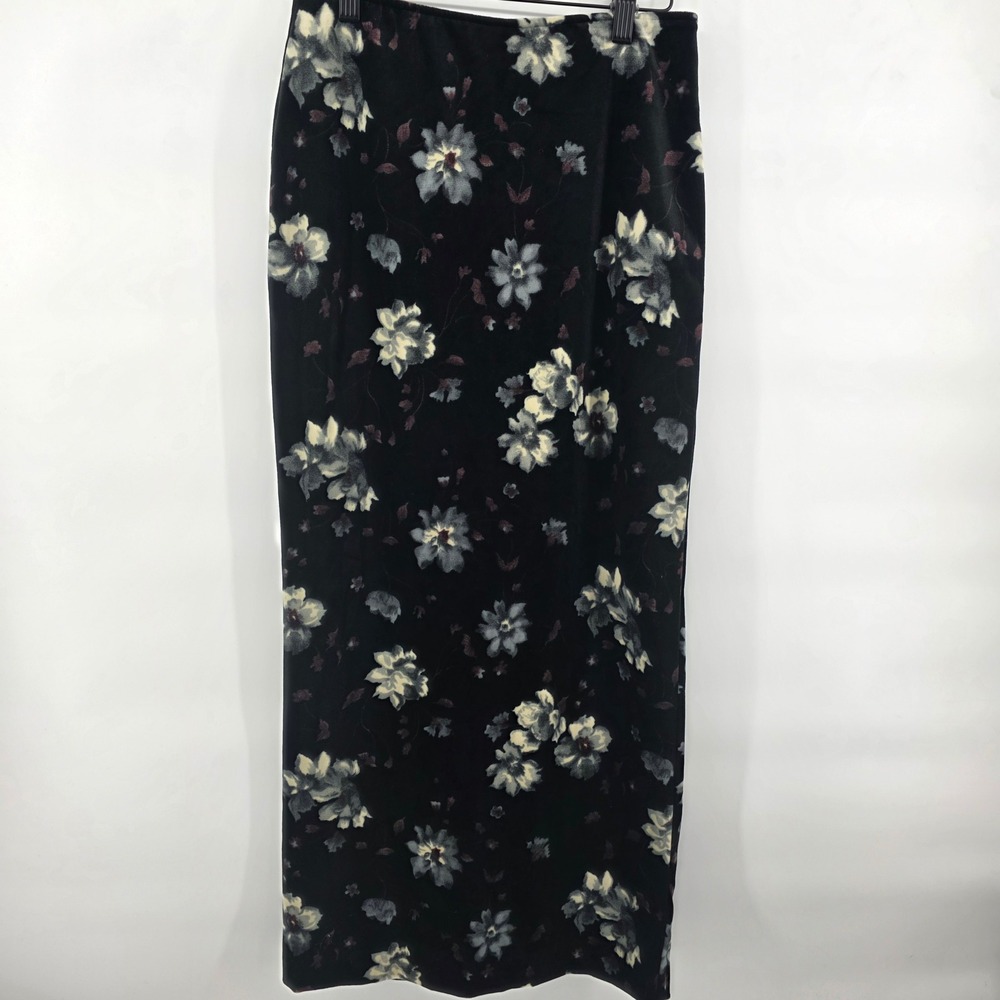 Tracy Evans NYC Vintage sm(5) Black Floral Velvet Maxi Skirt Y2k Friends It Girl